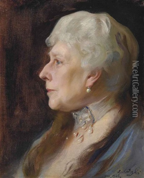 Portrait Of Princess Henry Of Battenberg, Nee Princess Beatrice Of Great Britain, In Profile To The Left, Wearing A Choker And Drop Earrings Oil Painting - Philip Alexius De Laszlo