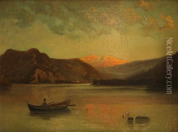 Angler Im Boot In Abendlicher Gebirgslandschaft Mit Sonnenuntergang Oil Painting - Adolf Heinrich Lier