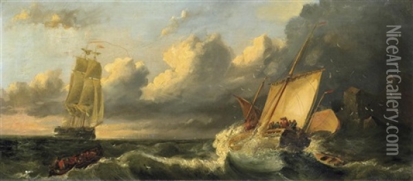 Vor Dem Gewitter. Segelboote Auf Tosenden Wogen Vor Felskuste Oil Painting - Albertus Van Beest