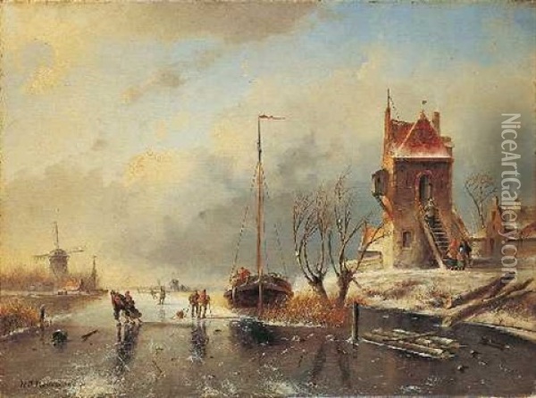 Zugefrorener Kanal Mit Eislaufern Und Schiff Oil Painting - Nicolaas Johannes Roosenboom