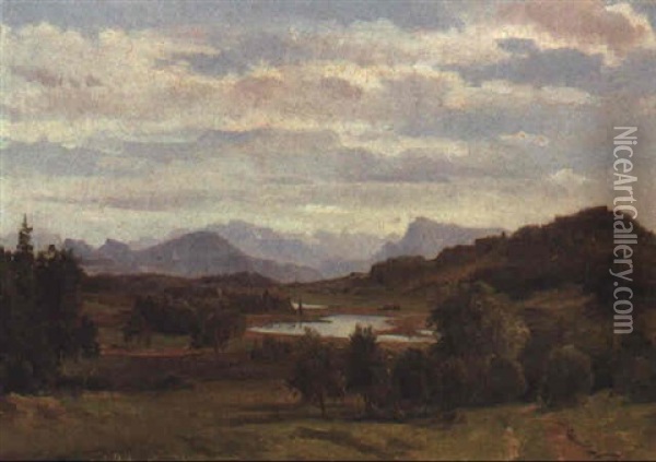 Seenlandschaft Mit Gebirgszug Im Hintergrund (reschensee?) Oil Painting - Ludwig Georg Eduard Halauska