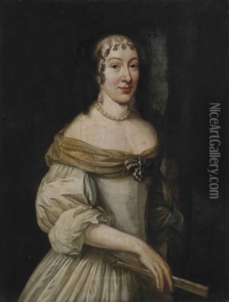 Portrait Of A Lady, Three-quarter-length, In A White Dress, A Fan In Her Right Hand, A Landscape Beyond Oil Painting - Charles Beaubrun
