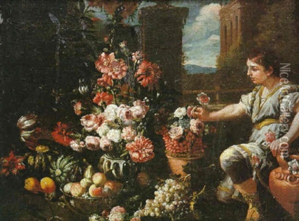 Nature Morte Au Vase De Fleurs Et Fruits Ou L'allegorie De L'ete Oil Painting - Nicola Malinconico