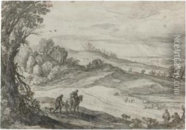 An Extensive Pastoral Landscape, With Shepherds And Animals And Travellers On A Road Oil Painting - Paul Bril