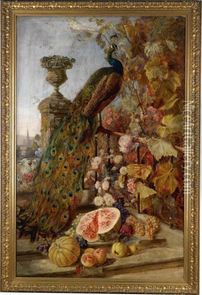 Grosesblumen Und Fruchtestuck Mit Pfau Oil Painting - Irma Maria Johanna Komlosy