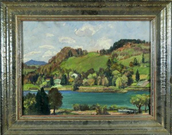 Hauser Am Fluss In Spatsommerlicher Hugellandschaft Oil Painting - Paul Burck