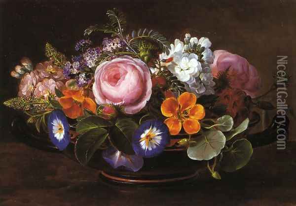 Still Life with Pink Peonies and Morning Glories Oil Painting - Johan Laurentz Jensen
