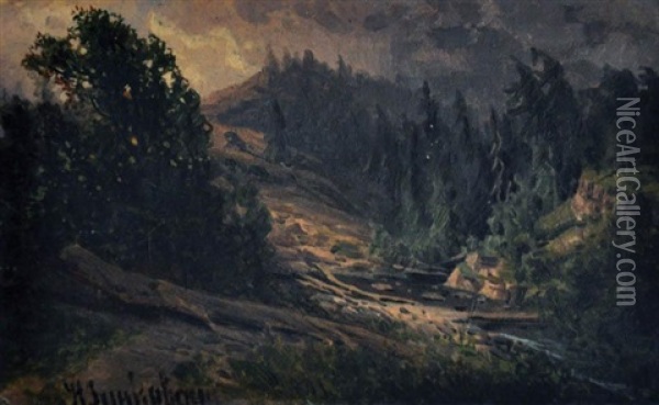 Paysage De Montagne (+ La Ferme Dans La Montagne; 2 Works) Oil Painting - Il'ia Nikolaevich Zankovskii
