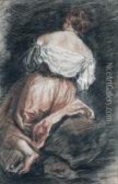 A Seated Woman Seen From Behind, After Bassano Oil Painting - Watteau, Jean Antoine