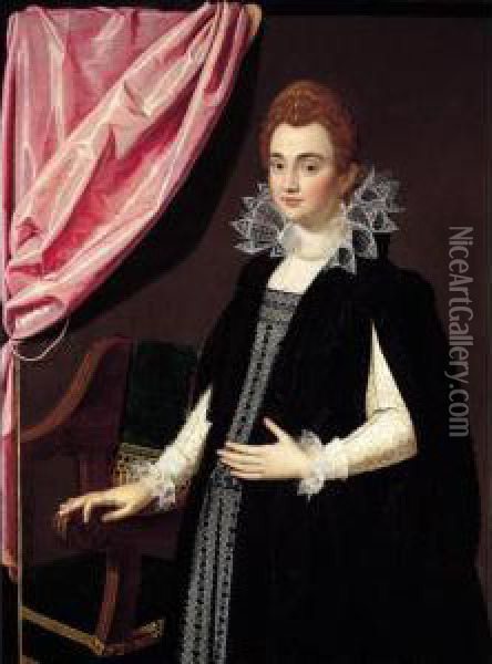 A Trompe L'oeil Portrait Of A 
Noblewoman, Possibly Maria De' Medici, Three-quarter Length, Standing 
Before A Chair Oil Painting - Scipione Pulzone