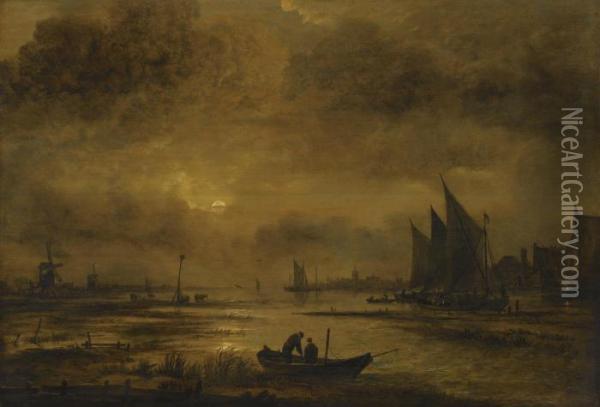 A Moonlit Fluvial Landscape With Figures In A Boat In The Foregraound, Windmills And A Village Beyond Oil Painting - Aert van der Neer