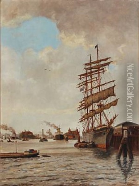 European Harbour Scape Oil Painting - Jan De Boer