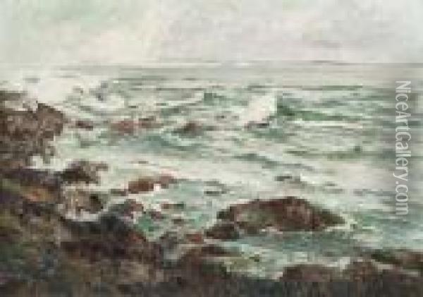 Waves Breaking On A Rocky Coastline Oil Painting - Giuseppe Casciaro