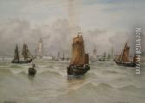 ' Off Portsmouth '
 A 19thc View Of Sailboats Off Portsmouth Quay With Buildings And Battleships Beyond Oil Painting - Robert Anderson