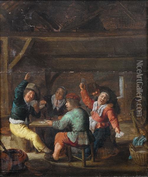 An Interior With Peasants Drinking And Playingcards Oil Painting - Bartholomeus Molenaer