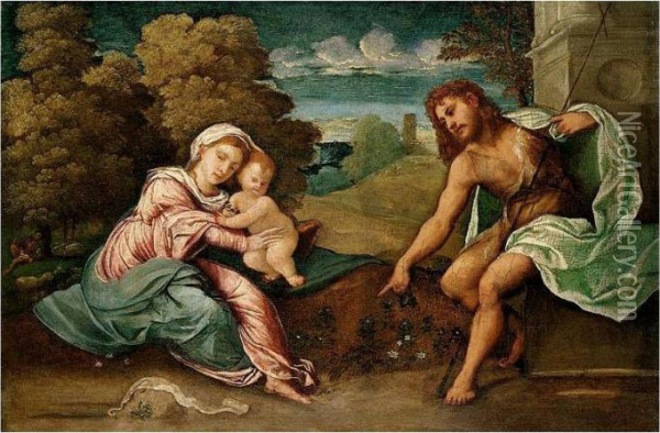 The Madonna And Child With Saint John The Baptist In A Landscape Oil Painting - Paris Bordone