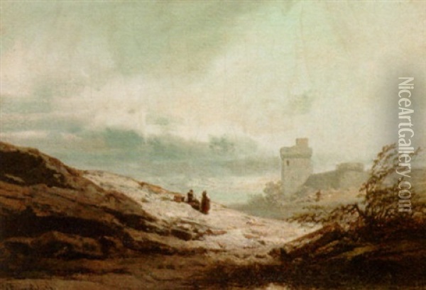 Figures Resting By A Castle Oil Painting - Charles Hoguet