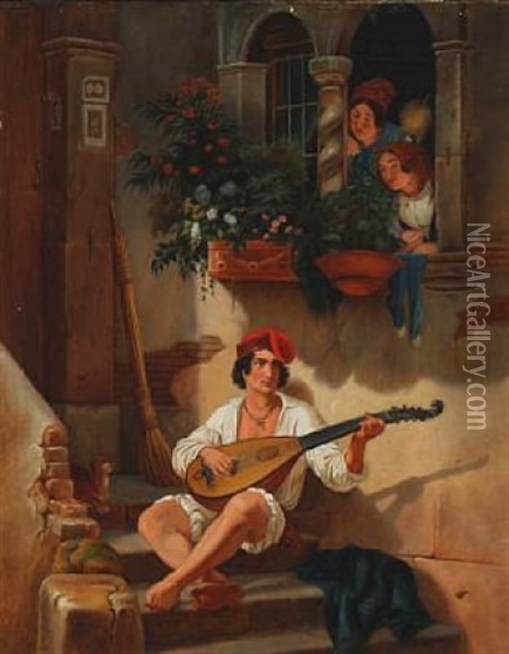 A Neapolitan Fisherman Singing To Zither Outside The Window Of A Couple Of Young Girls (after Wilhelm Marstrand) And Young Woman Stepping Out Of A House At Carnival Time (2 Works) Oil Painting - Albinia Schaffalitzky de Muckadell