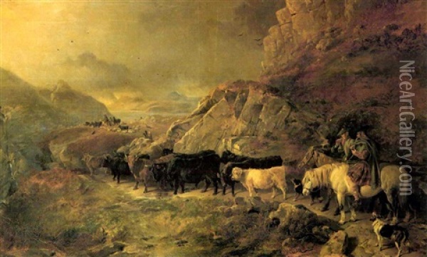An Extensive Highland Landscape, With Cattle And Drovers On A Mountain Pass Oil Painting - Richard Ansdell