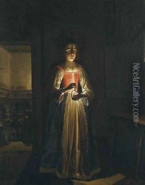 Young woman with an oil lamp Oil Painting - Wolfgang Heimbach
