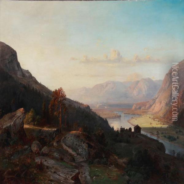 View From The Mountains With Sunshine In The Valley Oil Painting - Christian Delphin Wexelsen