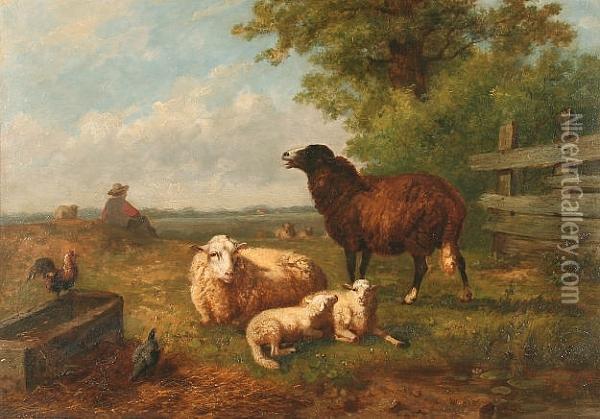 Sheep, Lambs And Chickens Before A Landscape Oil Painting - Laurent De Beul
