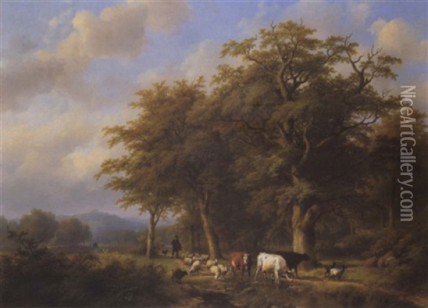 Hirte Mit Seiner Herde Am Heimweg Oil Painting - Johann Bernard Klombeck