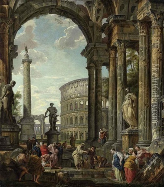 An Architectural Capriccio With The Philosopher Diogenes And Other Figures By A Fountain Beneath A Portico Oil Painting - Giovanni Paolo Panini