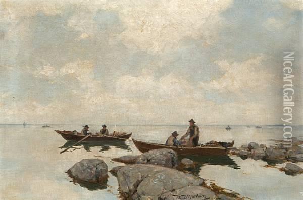 To Robater Med Fiskere Oil Painting - Nikolai Ulfsten