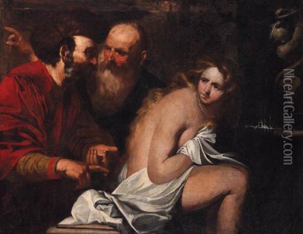 Susannah And The Elders Oil Painting - Giovanni Battista Langetti