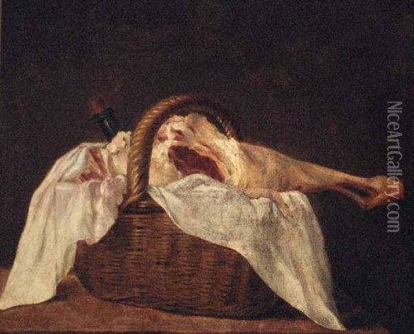 A Leg Of Lamb And A Wine Bottle In A Basket On A Ledge Oil Painting - Jean-Baptiste-Simeon Chardin