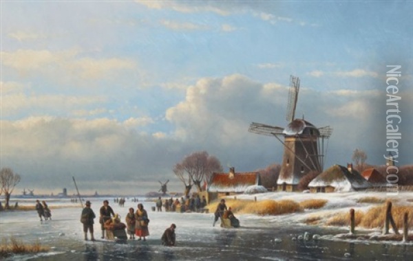 Dutch Winter Skating Scene With Daily Life On The Frozen River, Panoramic Landscape With Windmills And Cloud-spotted Blue Sky Oil Painting - Lodewijk Johannes Kleijn