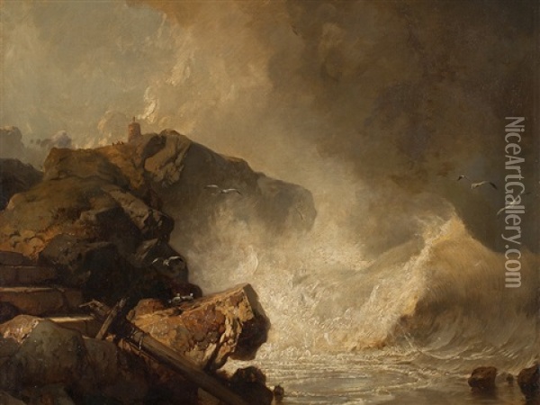 Stormy Cliff With Lighthouse Oil Painting - Charles Hoguet