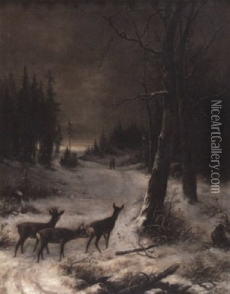 Winterlandschaft Mit Rehwild Oil Painting - Franz Jakob Hoffmann