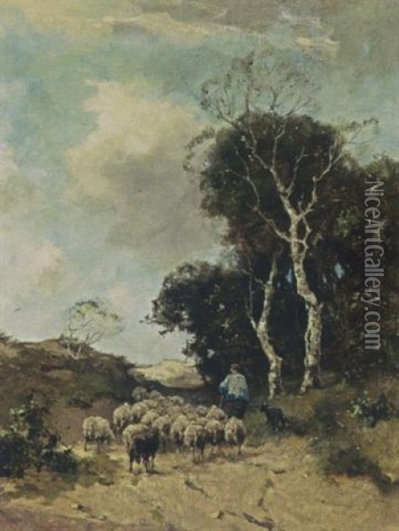 A Shepherd And His Flock In A Wooded Landscape Oil Painting - Johan Frederik Cornelis Scherrewitz