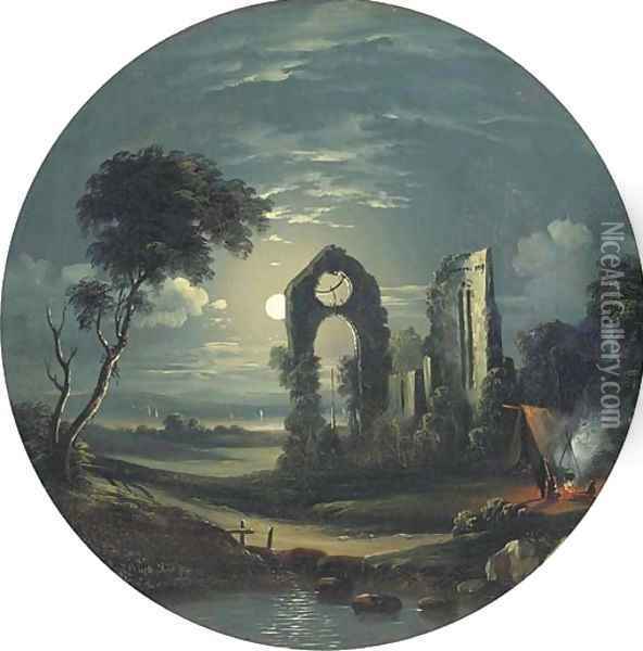 Figures camping next to ruins by moonlight Oil Painting - Sebastian Pether