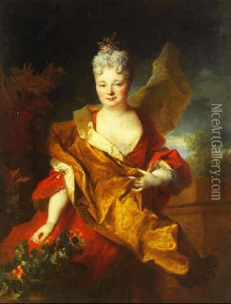 Portrait (la Comtesse De Coullonges?) A Cote D'un Vase De Capucines Oil Painting - Nicolas de Largilliere