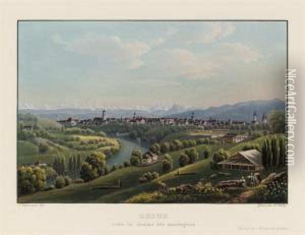 Berne, Vers La Chaine Des Montagnes; Pont De Fil Der Fer A Fribourg En Suisse; Le Chateau De Chillon Oil Painting - Lukas Weber