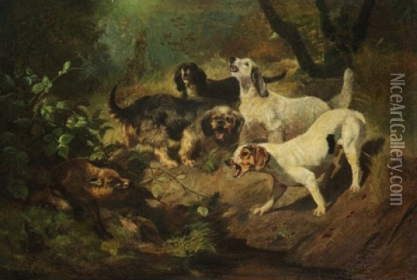 Jagdhunde, Einen Fuchs Angreifend Oil Painting - Jules Bertrand Gelibert