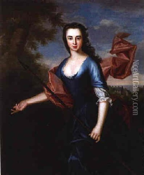 Portrait Of A Lady (katherine Hall?) As Diana, Before A Landscape Oil Painting - Charles Jervas