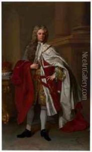 Portrait Of James Brydges, 1st 
Duke Of Chandos, Full-length, Inpeer's Robes With A Ducal Coronet Oil Painting - Michael Dahl