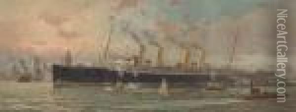 The Kaiser Wilhelm De Grosse Arriving In New York Harbor Oil Painting - Fred Pansing