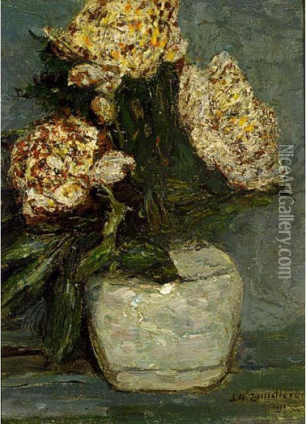 Flowers In A Stone Jar Oil Painting - Jan Adam Zandleven