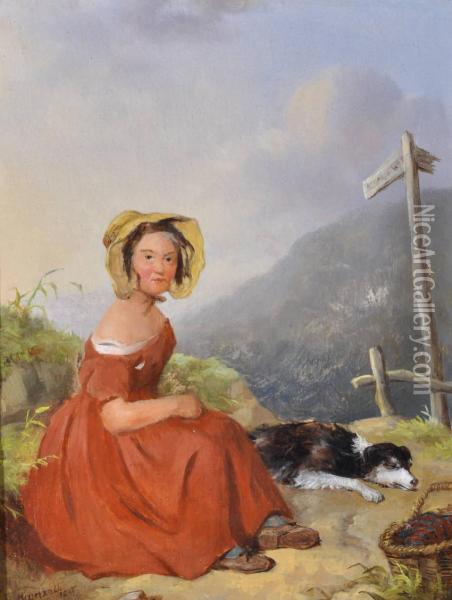 Woman And Dogresting On A Hilltop Path Oil Painting - Isaac Henzell