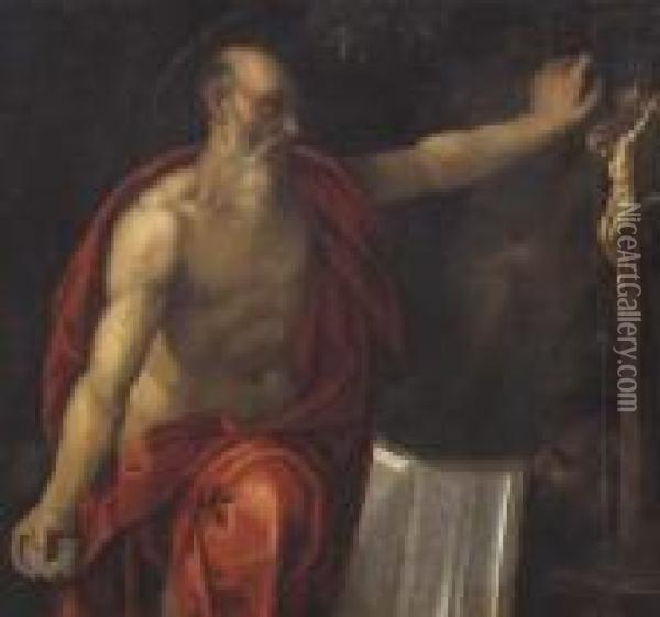 San Girolamo Davanti Al Crocefisso Oil Painting - Acopo D'Antonio Negretti (see Palma Giovane)