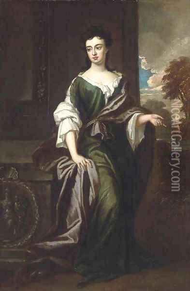 Portrait of Margaret, Countess of Ranelagh (1673-1727), full-length, in a green and white dress, burgundy wrap, a river landscape beyond Oil Painting - Sir Godfrey Kneller