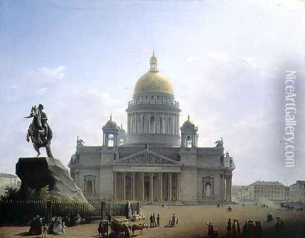 St. Isaacs Cathedral with a Statue of Peter the Great, 1844 Oil Painting - Maksim Nikiforovich Vorobiev