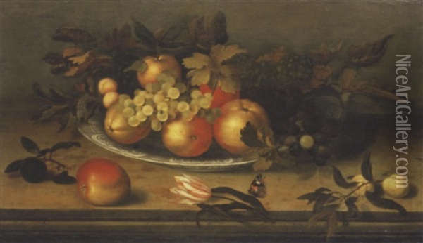 Pommes Et Raisins Dans Un Plat En Delft, Fleurs Et Fruits Sur Un Entablement En Pierre Oil Painting - Balthasar Van Der Ast