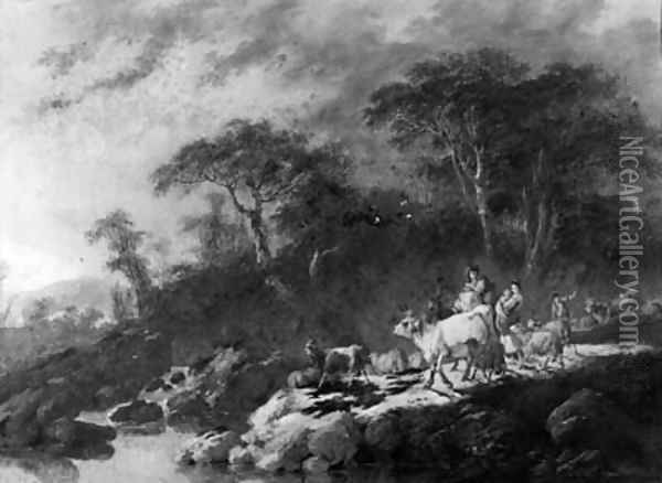 A river landscape with shepherds, cows, goats and sheep in the foreground Oil Painting - Jean-Baptiste Pillement