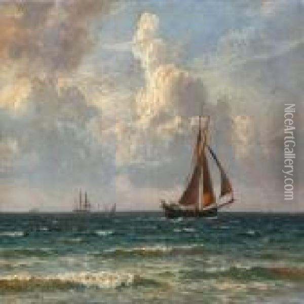 Seascape With Sailing Ships On Open Sea Oil Painting - Vilhelm Karl Ferd. Arnesen